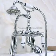 Polished Chrome Deck Mounted Telephone Style Bath Tub Faucet Mixer Tap With Handheld Spray Shower Bna114 modern wall mount polished chrome brass bathroom clawfoot hand shower faucet mixer tap set telephone shape hand spray ana209