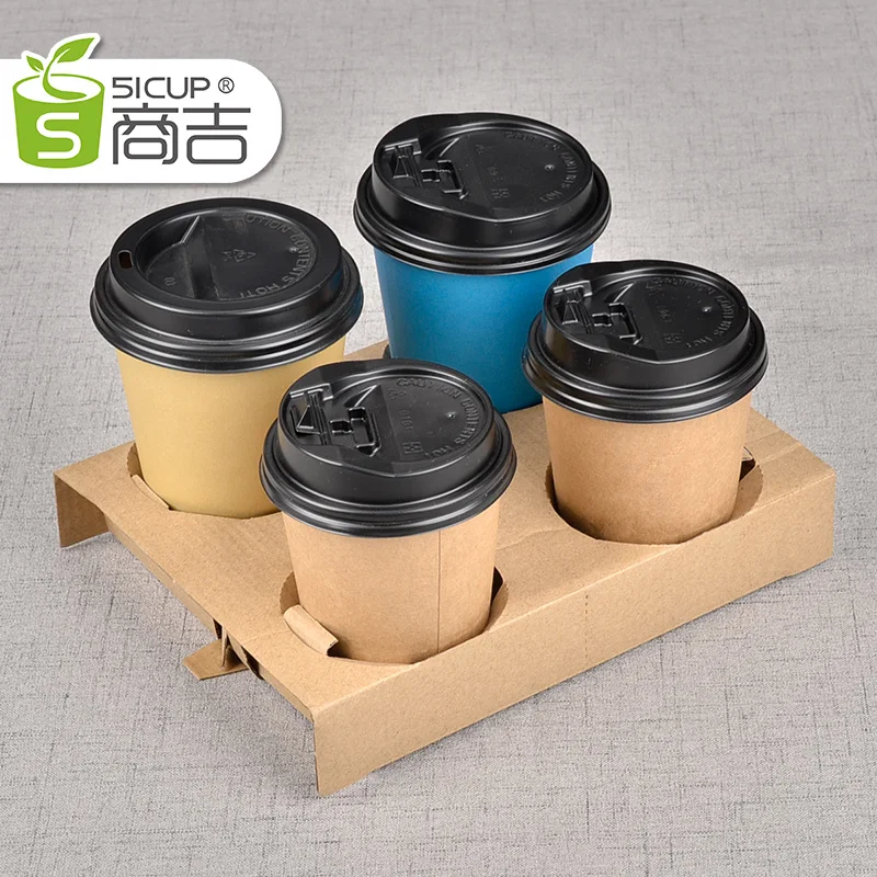 Corrugated 4 Cup Holder Coffee Cup Kraft Paper Insulation Cup Tray