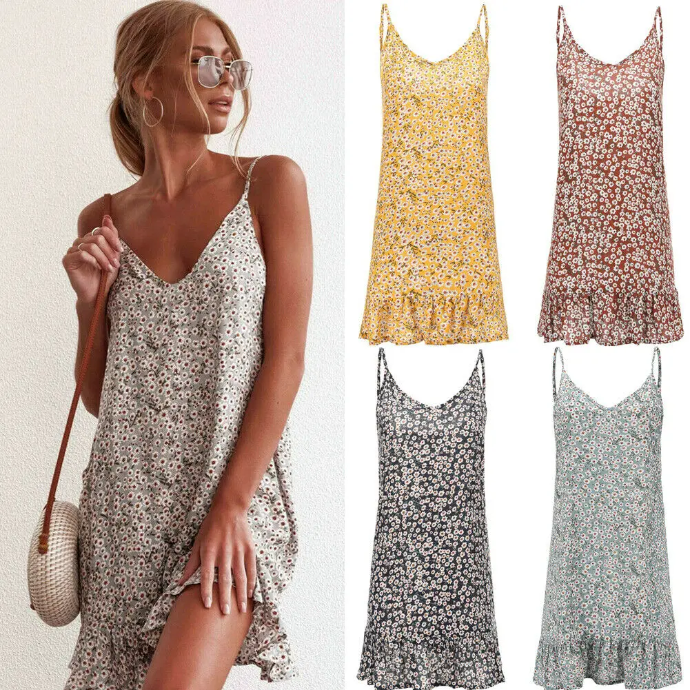 

Women Summer Beach Floral Dress Loose V-neck Spaghetti Strap Short Mini Dress Party Evening Holiday Sun Dresses
