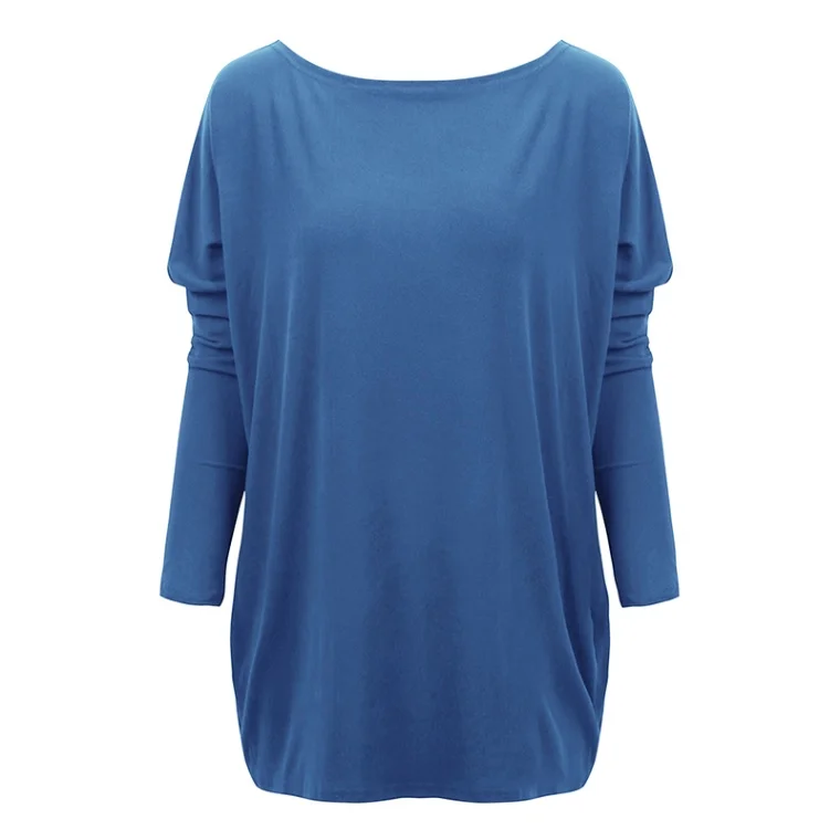 Женская свободная футболка с круглым вырезом и длинными рукавами, расклешенный подол, размер d, туники, футболки, большие размеры 3XL 4XL 5XL, Длинные повседневные топы - Цвет: Синий