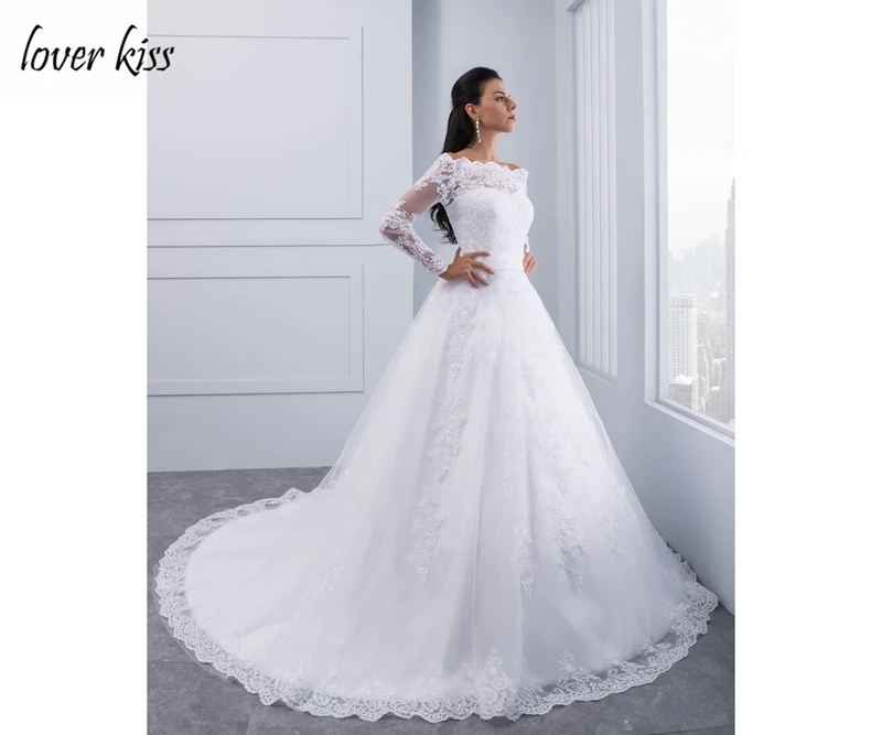 Lover Kiss vestidos de noiva с открытыми плечами Длинные рукава Свадебные платья кружевной вырез лодочкой свадебное платье белый пояс robe de mariage