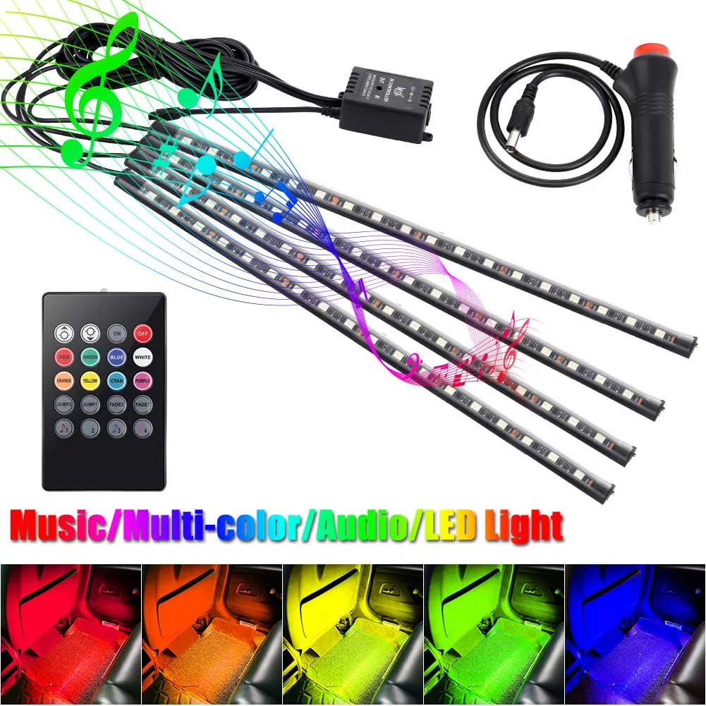 

Hot 4Pcs Car Atmosphere Lamp With Remote Control RGB LED Strip Lights Auto Decoration Cars Interior Music Rhythm Light BX