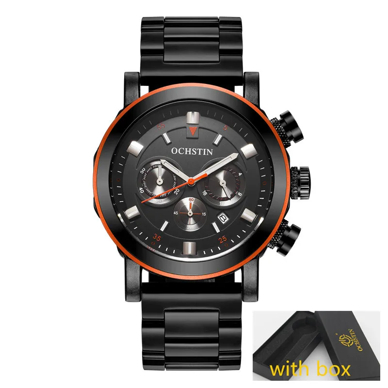 OCHSTIN мужские деловые часы водонепроницаемые часы с хронографом мужские стальные Спортивные кварцевые наручные часы Мужские часы мужские черные красные - Цвет: Black Orange Box