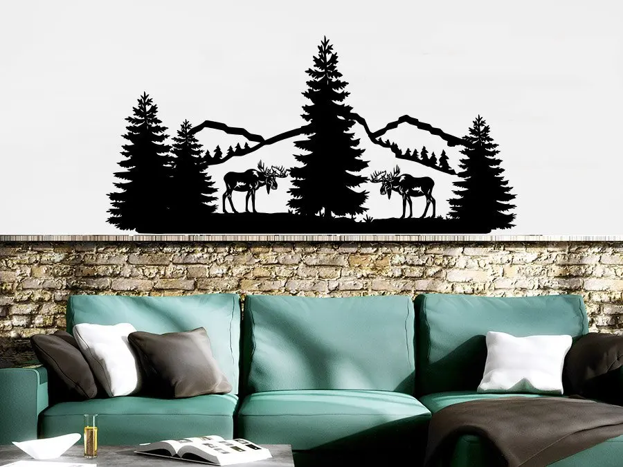 

Mountains Wall Stickers Vinyl Nature Pine Trees Relax Removable Art Deer Animals Forest Landscape Wallpaper Home Decor W454