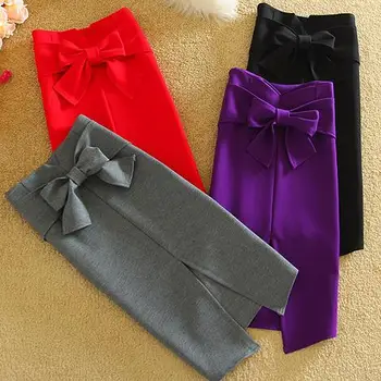 

2016 Women Bow Skirt High Waist Split Ladies Pencil Skirt ol candy colors