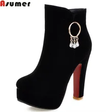 ASUMER/ горячая распродажа; Новое поступление; женские ботинки; сезон осень-зима; черные, красные ботильоны из флока; однотонные элегантные ботинки; большие размеры 33-43