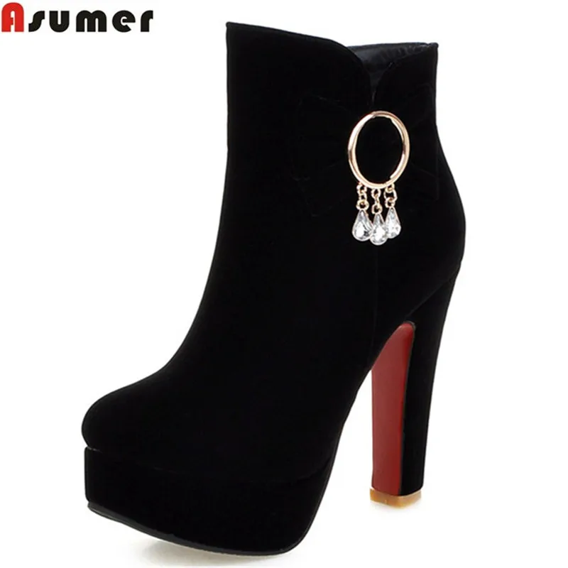 Koop ASUMER 2018 herfst winter hot koop nieuwe komen vrouwen laarzen zwart rood flock enkellaars effen kleur elegant big size 33 43