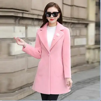 Зимние куртки parker для женщин, новинка года, плотное тонкое шерстяное пальто средней длины для девочек, осенне-зимнее шерстяное пальто женская одежда - Цвет: Pink