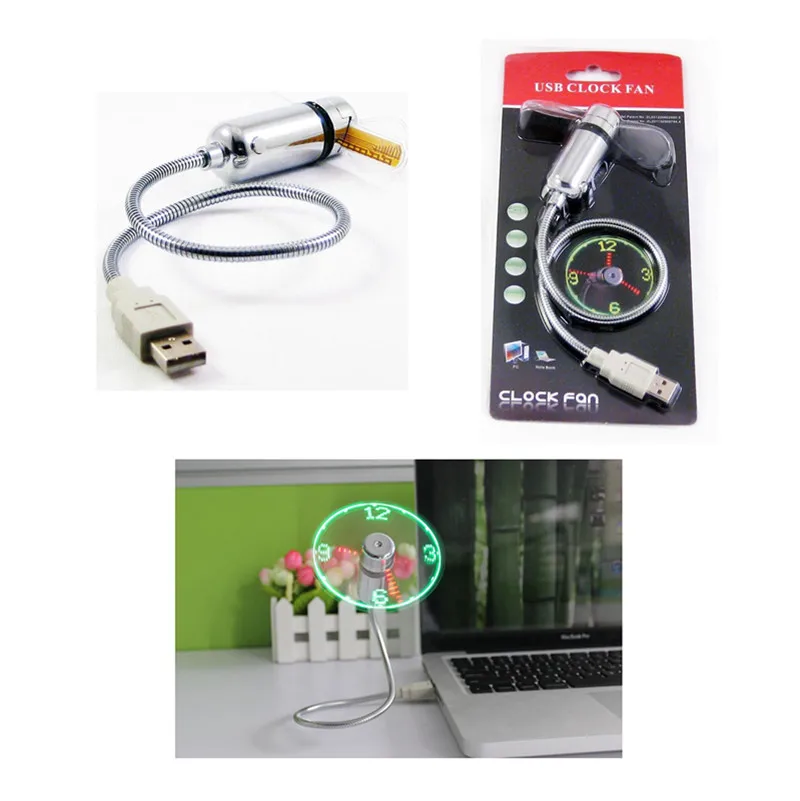 Regalo Gadget da ufficio scrivania flessibile USB LED verde Orologio Ventola con visualizzazione in tempo reale