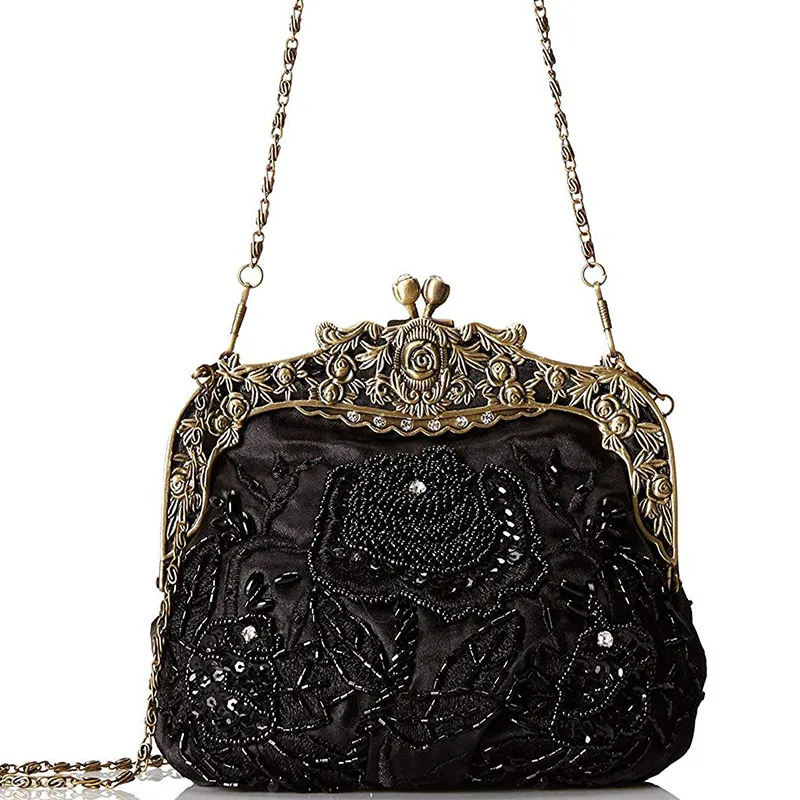 Women's Antique Beaded Party Clutch Vintage Rose Purse Evening Handbag (5)