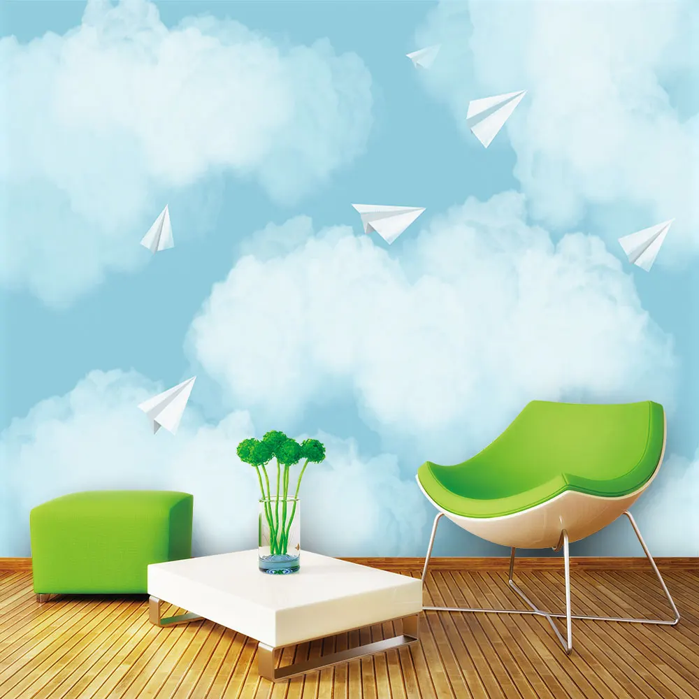 Украшение текстильные обои ручной росписью свежий белый облако Бумага самолет детская комната ТВ фон стены