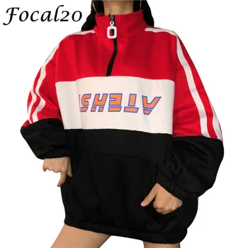 

Focal20 Streetwear Hit Color Zipper Fleece Women Sweatshirt Pullover Long Sleeve Causal Sweatshirt Oversize Loose Tracksuit