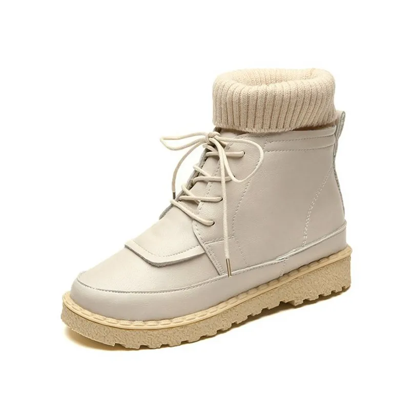 COOTELILI Women Boots Ankle Boots 2018 Winter Shoes Lace-Up Knitted Flat Shoes Rubber Boots Women Leather Shoes 3cm Heel  (9)