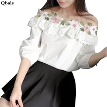 Korean Fashion Cute tee shirt Women White t shirt Lantern Sleeve Embroidered Lace Flower Ruffle Off the shoulder tops for women