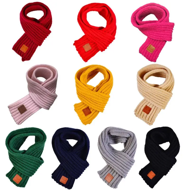Детский вязаный шарф для мальчиков и девочек, однотонный плотный зимний шарф на шею из акрилового волокна, шаль, резиновые буквы-наклейки, шарфы