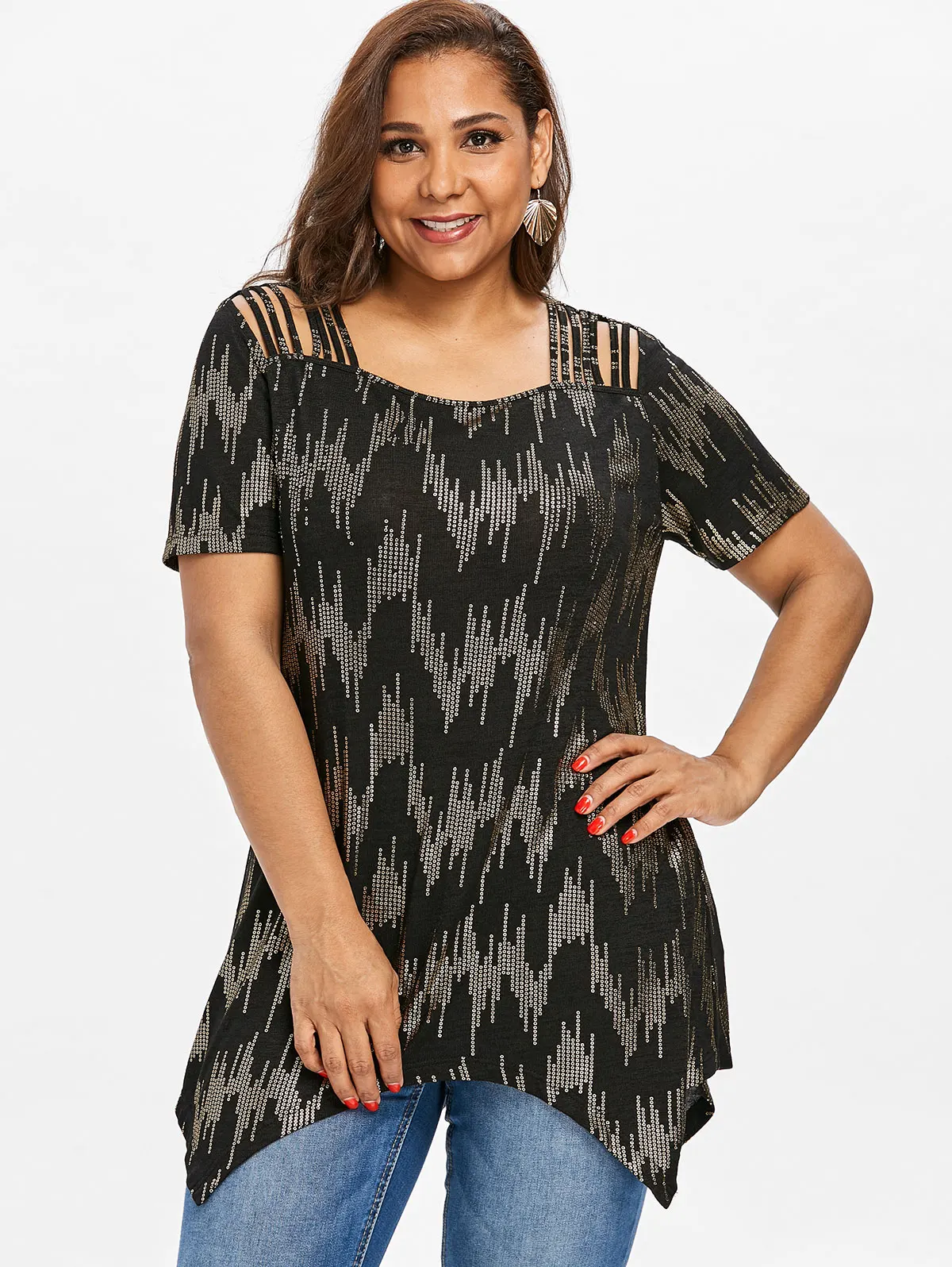 Wipalo Plus Size 5XL Strappy Lace Up Sequin Asymmetric T