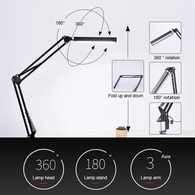  LED Swing Arm Desk Lamp Dimmable Bright Flexible Arm Lamp Clamp for Architect Engineer Reading Offi