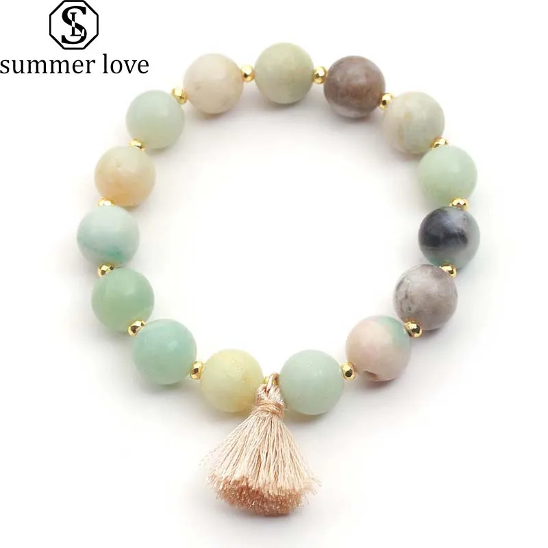 

Boho Smooth Natural Stone Beads Bracelet for Women New Fashion Tassel Pendant Stretch Bangles Bohemian Beaded Bracelets Jewelry