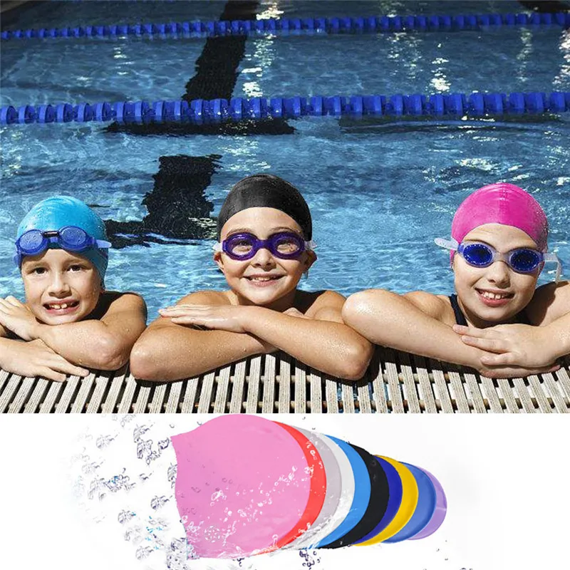1pc Swimming Cap Silicone Hats Solid Waterproof Fabric Protect Ears Long Hair Sports Swim Cap For Adult Children Bathing Caps