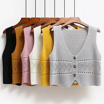 

Women Single Breasted Knitted Vests Autumn And Spring V-Neck Sweater Vest Hollow Out Thin Knit Waistcoat