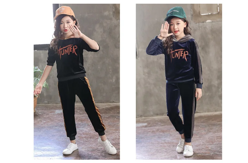spring girls clothing sets kids girls clothes gold velvet two-piece suit children sport suit for girls (2)