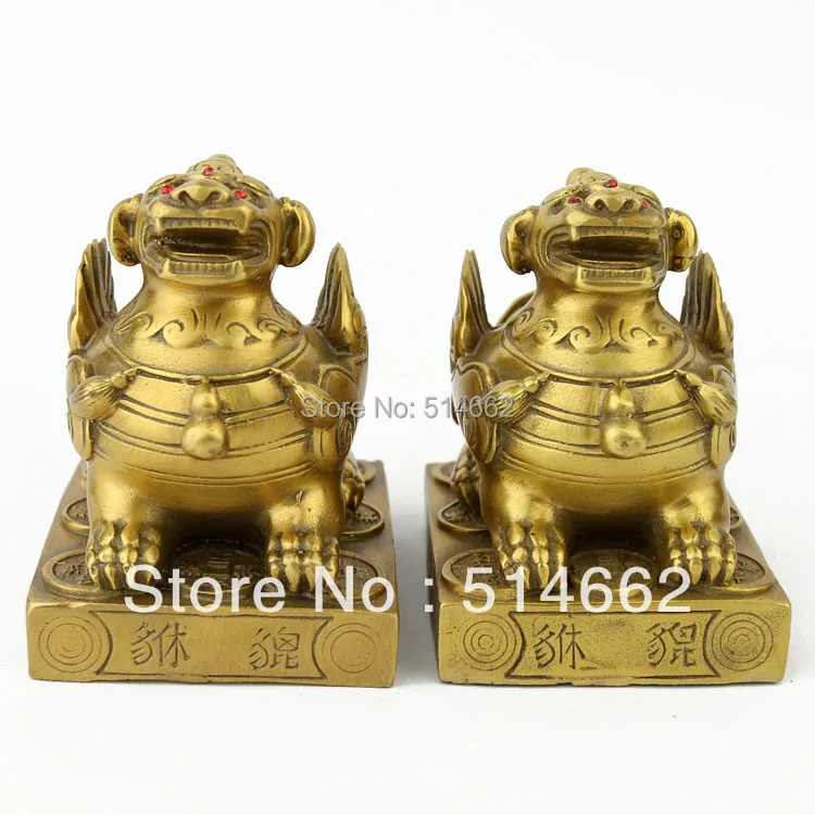 

4 inch BRASS FENGSHUI PAIR PI YAO STATUES / BRASS PI XIE STATUES AA311