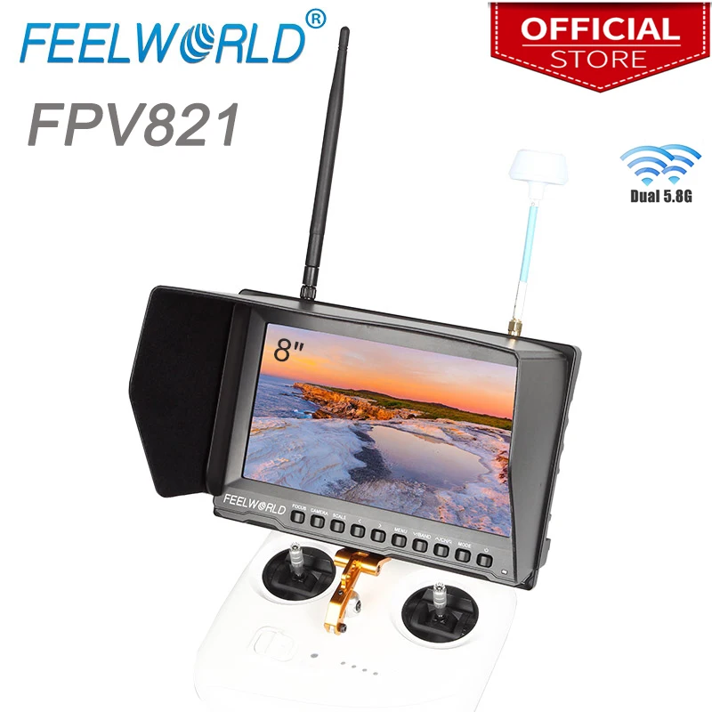 

Feelworld 8" Wireless Monitor for Gopro Drone with Built-in Battery and Dual 5.8G 40CH Diversity Receiver FPV Monitor FPV821