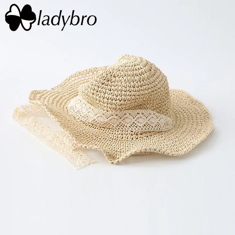 Ladybro широкий с полями, солнце шляпа для женщин соломенная шляпа ручной работы Кружева бантом Гибкая пляжная шляпа женская летняя шляпа дамская шляпа - Цвет: 001