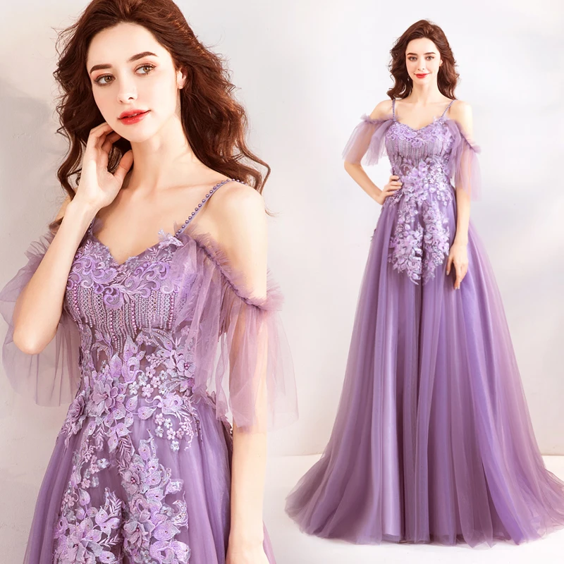 Purple Prom Dress Sweet 16 Graduation Spaghetti Strap Off Crystal A Line Bridesmaids Evening Gown
