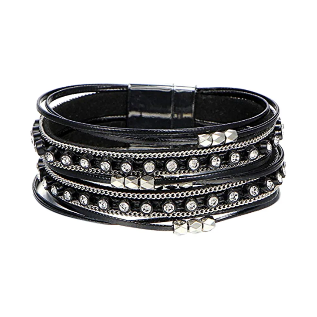 

New Arrival Multi-Layer Leather Bracelet Braided Cuff Bangle Alloy Magnetic Clasp Jewelry bijoux femme #L30