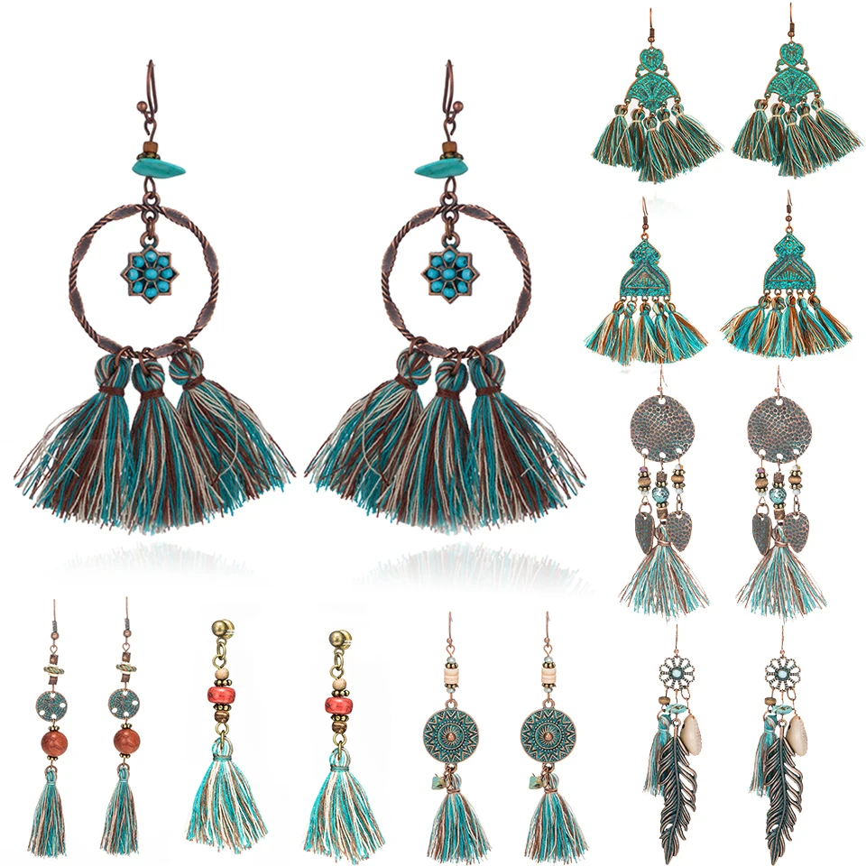 Различные богемные этнические зеленые серьги с кисточками Boho винтажные длинные