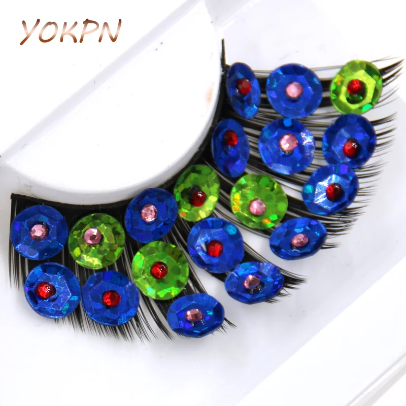 

YOKPN Blue Green Crisscross False Eyelashes Handmade Sequins Exaggerated Thick Eye Lashes Latin Dance Show Makeup Fake Eyelashes