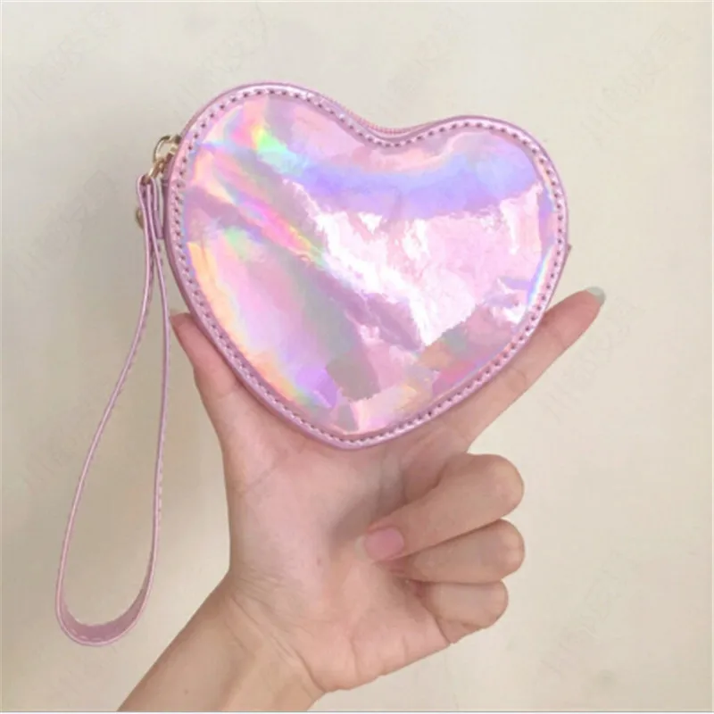 

LKEEP Women Heart Shape Hologram Wallet Laser Coin Bag Holographic Card Holder Purse Leahter Female Bling Small Sweet Clutch