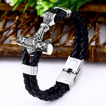 

Beier 316L stainless steel Cowhide Bracelet viking scandinavian norse men's bracelet thor's hammer mjolnir fashion BC-L033