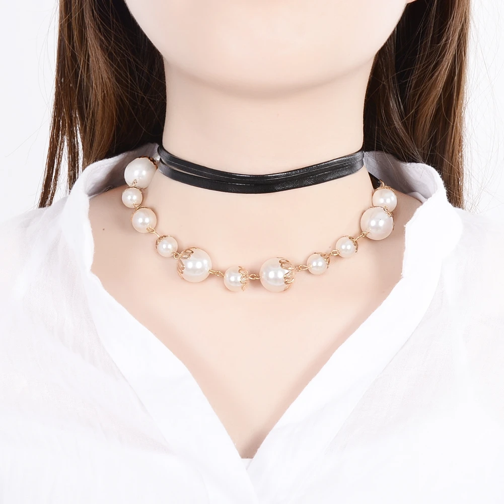 Fashion Women Simulated Pearl Bohemian Chokers Necklace Black Rope Long