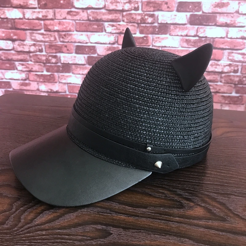 

Summer small devil horns straw hat baseball cap female cartoon cat ear curved eaves cap han edition sun hat