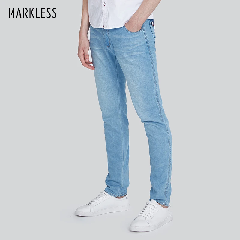 Markless Для мужчин 100% натуральный хлопок Джинсы для женщин страйт Slim Fit Джинсы для женщин середине талии Голубой Тощий мужчина Джинсы для