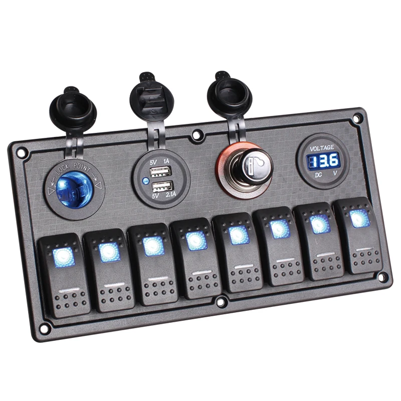 8 Gang LED Car Boat Rocker Switch Panel Dual USB Cigarette Lighter