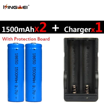 

2Pcs Protected 18650 battery 3.7v 1500mAh rechargeable Li-ion battery +one charger for flashlight double charger EU/US plug