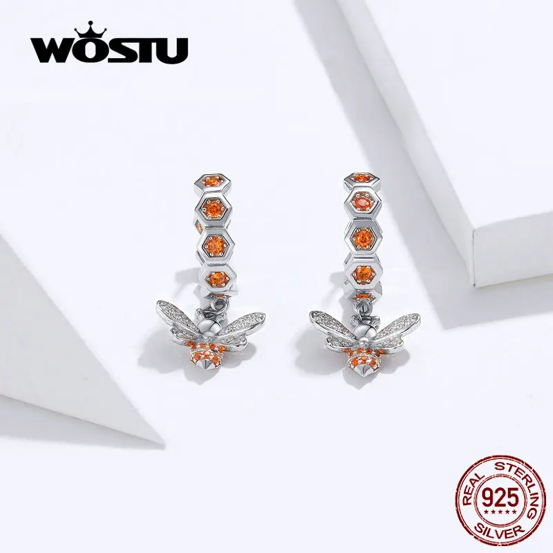 

WOSTU Bee Honeycomb Drop Earrings 100% Real 925 Sterling Silver Dazzling Zircon Earrings For Women Wedding Jewelry Gift FNE181