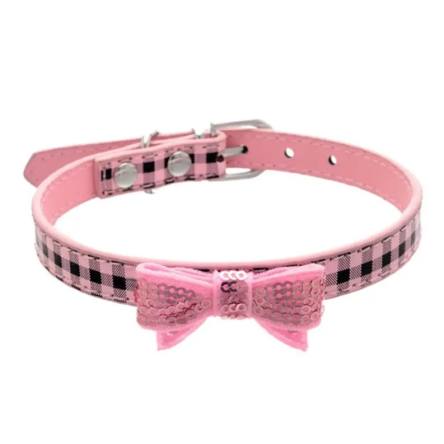 Pink Adjustable Pet dogCollar PU Leather Pet Puppy Cat Rhinestone Bow tie Pattern 3 sizes honden halsband - Цвет: Pink