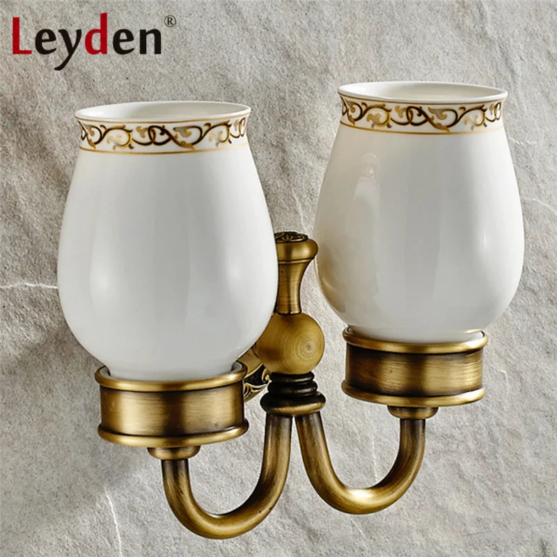 Leyden Antique Brass/ ORB Double Cup Tumbler Holder Vintage Wall Mount