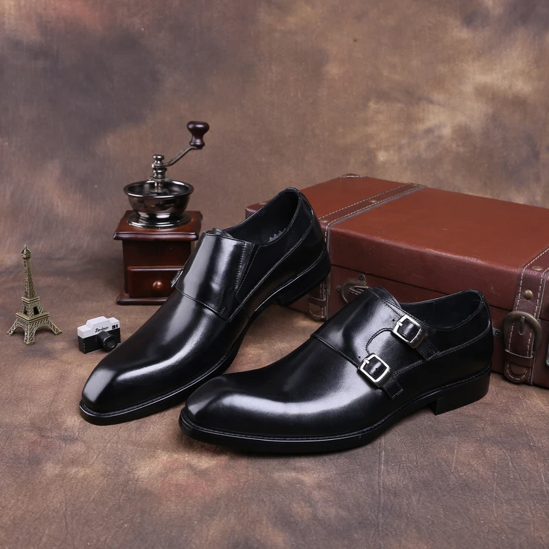 Модные черные/коричневые туфли с двойным ремешком; Мужские модельные туфли в деловом стиле; свадебные туфли из натуральной кожи; официальная обувь для мальчиков