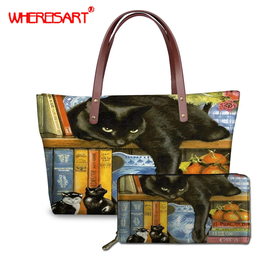 

WHEREISART handbag Naughty Bookshelf Cat gatinhos desenho printing bags for women 2019 female shoulder bags with wallets purse