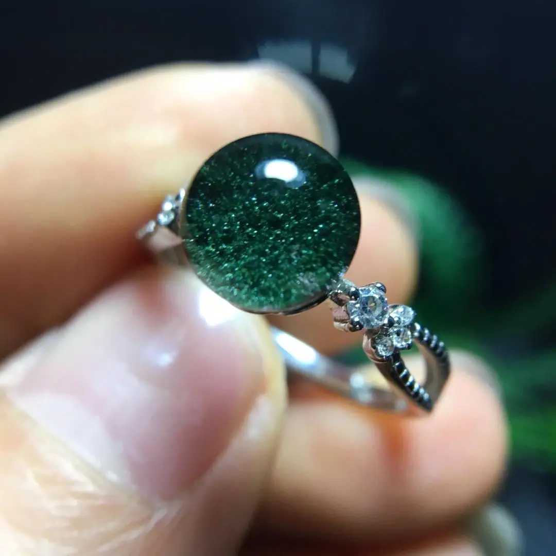 

100% Natural Green Phantom Stone Ring Quartz Crystal Adjustable Ring 925 Silver 8.2mm for Woman Man Gift AAAAA Stone Ring