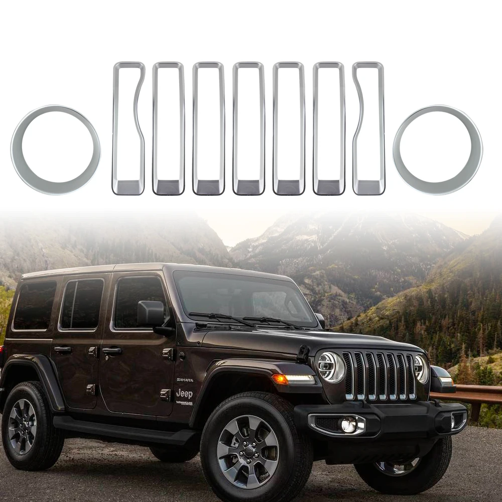 

7pcs Front Closs Silver Mesh Grille Grill inserts 2pcs Headlight Cover Trim For 2018 Jeep Wrangler JL Sport Sports Jeep Accessor