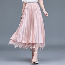1614 летняя Тюлевая юбка средней длины для женщин соединенная кружевная линия юбка Офисная женская элегантная шифоновая двойная юбка с высокой талией