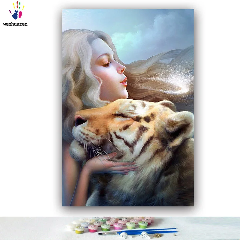 DIY картинки для раскраски по номерам с цветами Тигр и красота иллюстрация Картина Рисунок Живопись по номерам в рамке дома