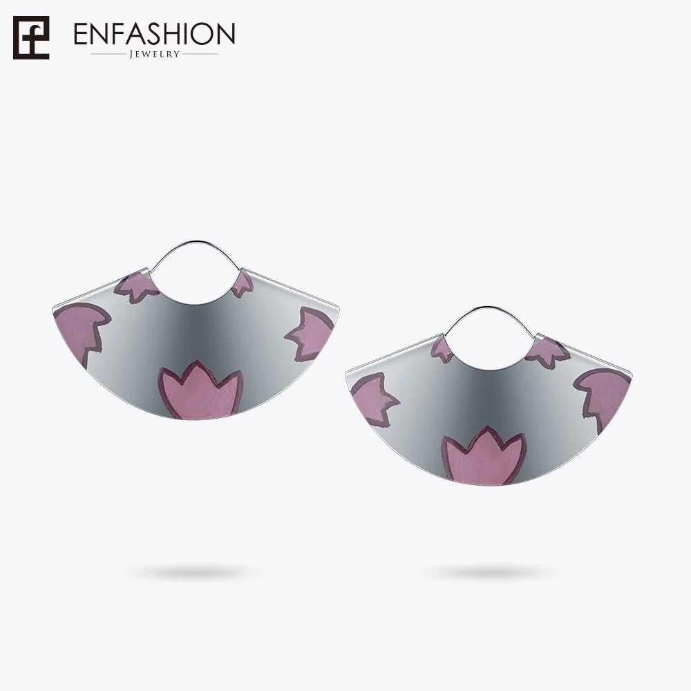

Enfashion Lacquer Art Series Pink Flowers Drop Earrings Original Design Handmade Fan Shape Big Silver Color Earrings EBQ18LA56
