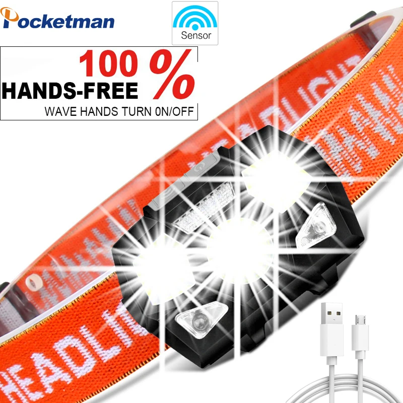 

6000 lumens LED Headlamp Super Bright Motion Sensor Hands-free Powerful Headlight USB Rechargeable Waterproof head lamp light